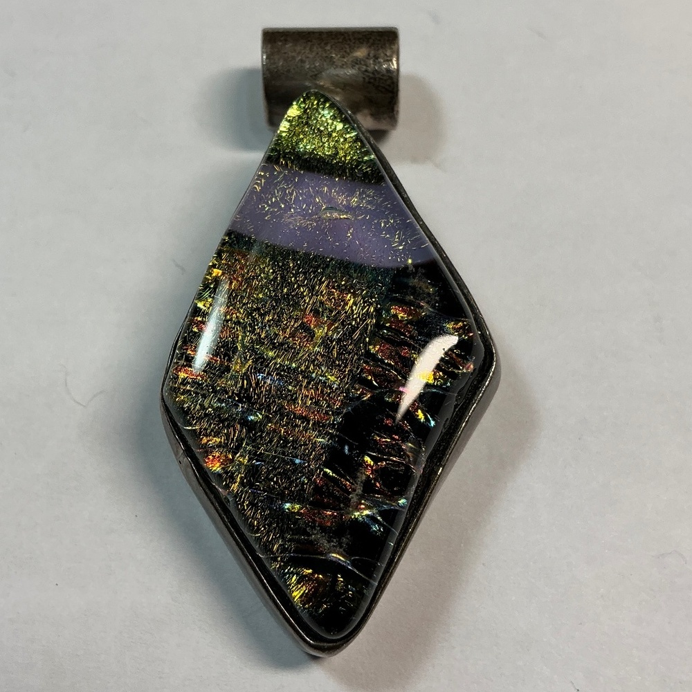 Sterling Silver Dichroic Glass Diamond Shaped Pendant. 2 inches long